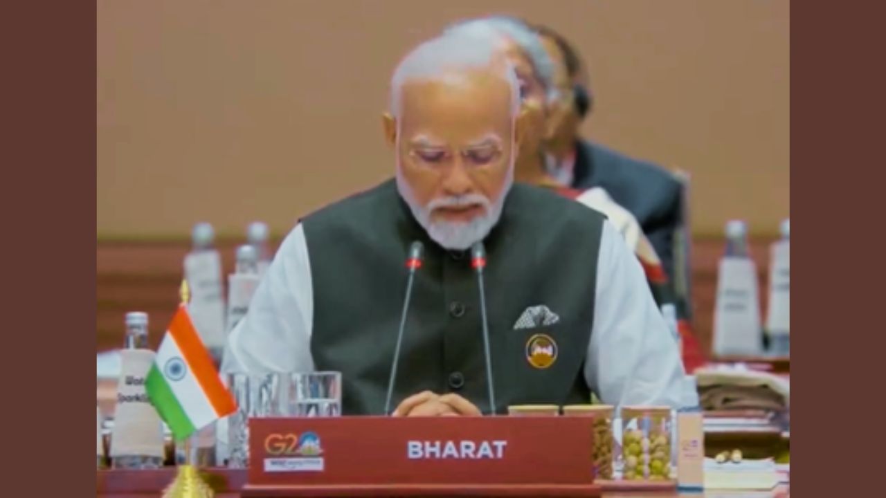 Prime Minister Modi's chair mentioned the country's name as 'Bharat' as he started his opening remarks at the G20 Summit 2023. (Image source: PM Narendra Modi via Twitter)