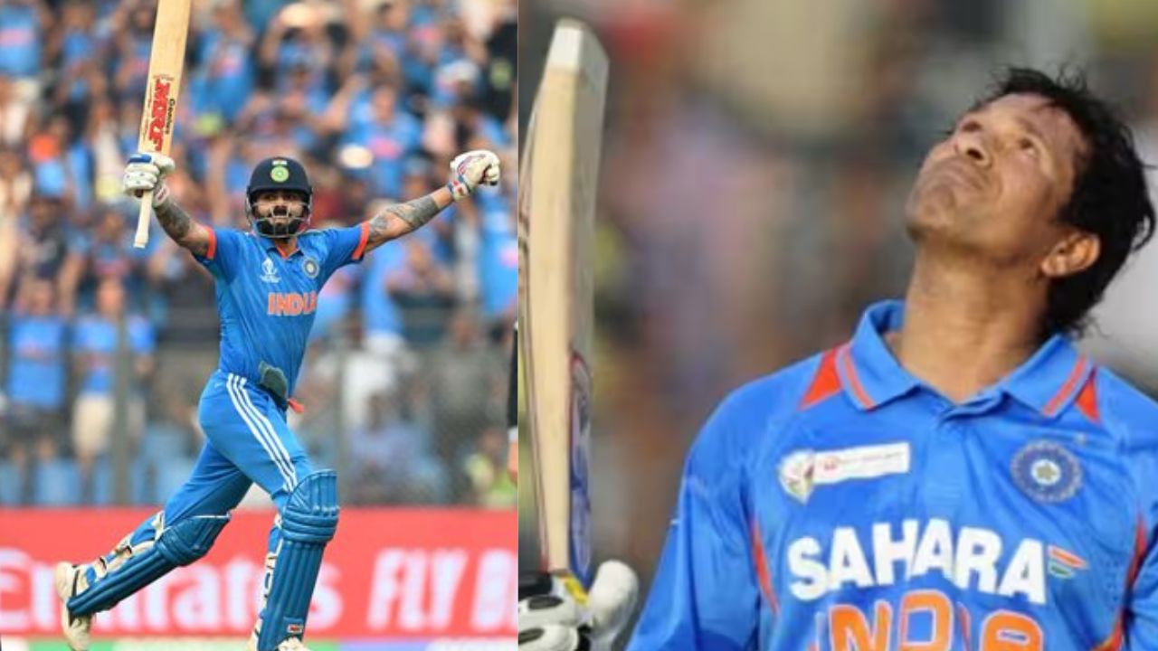 Virat Kohli (left, image by @ICC via Twitter), Sachin Tendulkar (right, image via Moneycontrol)