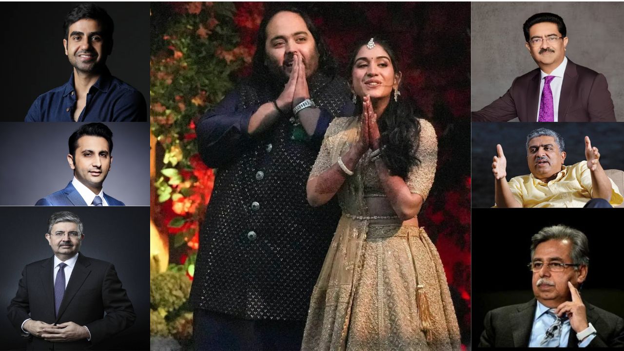 Anant Ambani is set to marry Radhika Merchant, who is the younger daughter of Viren Merchant, the CEO of Encore Healthcare and entrepreneur Shaila Merchant. (From left to right: top to bottom - Nikhil Kamath, Adar Poonawalla, Uday Kotak, Kumar Mangalam Birla, Nandan Nilekani and Pawan Munjal. (Image source: Moneycontrol and Shaadi Wish)