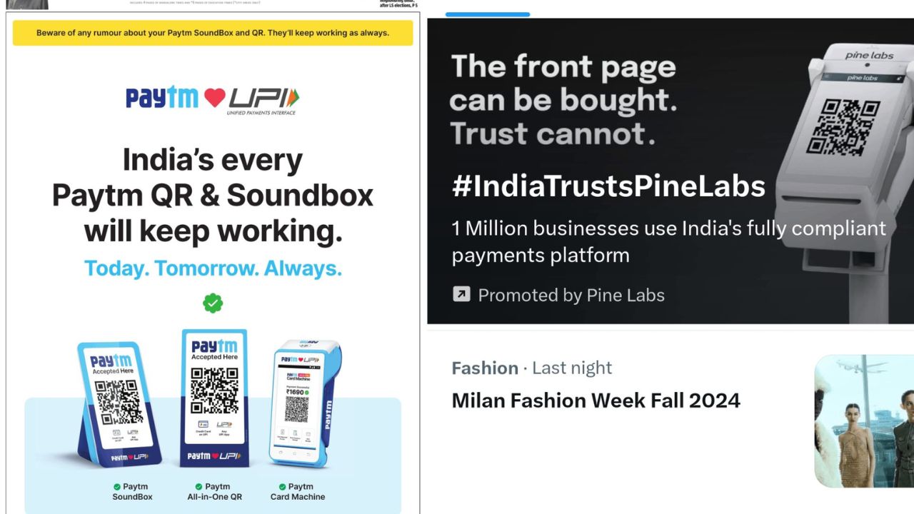 Pine Labs responded to Paytm's front-page advertisement in the Times of India on February 19 by launching a competitive campaign, highlighting their own offerings in response to Paytm's claims of omnipresence through sound boxes and QR codes. (Image source: Karthik Srinivasan via LinkedIn)