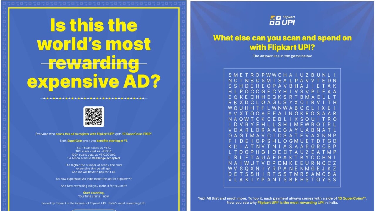 Flipping the front page, Flipkart designed a full-page advertisement resembling a crossword puzzle, encouraging audience participation in discovering answers to the question "What else can you scan and spend on with Flipkart UPI?"