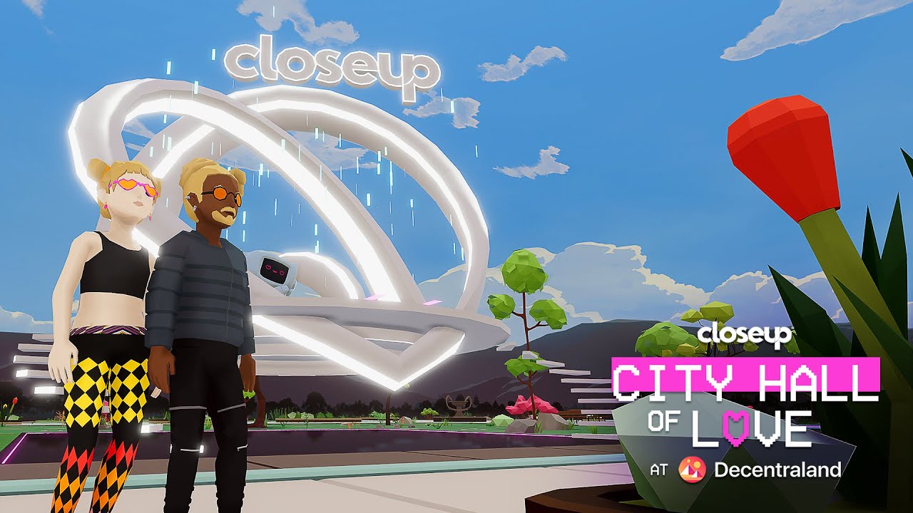 Closeup City Hall of Love in Decentraland is a completely inclusive environment where users can mint an NFT marriage certificate, immortalise their love on the blockchain, and celebrate with friends and family.