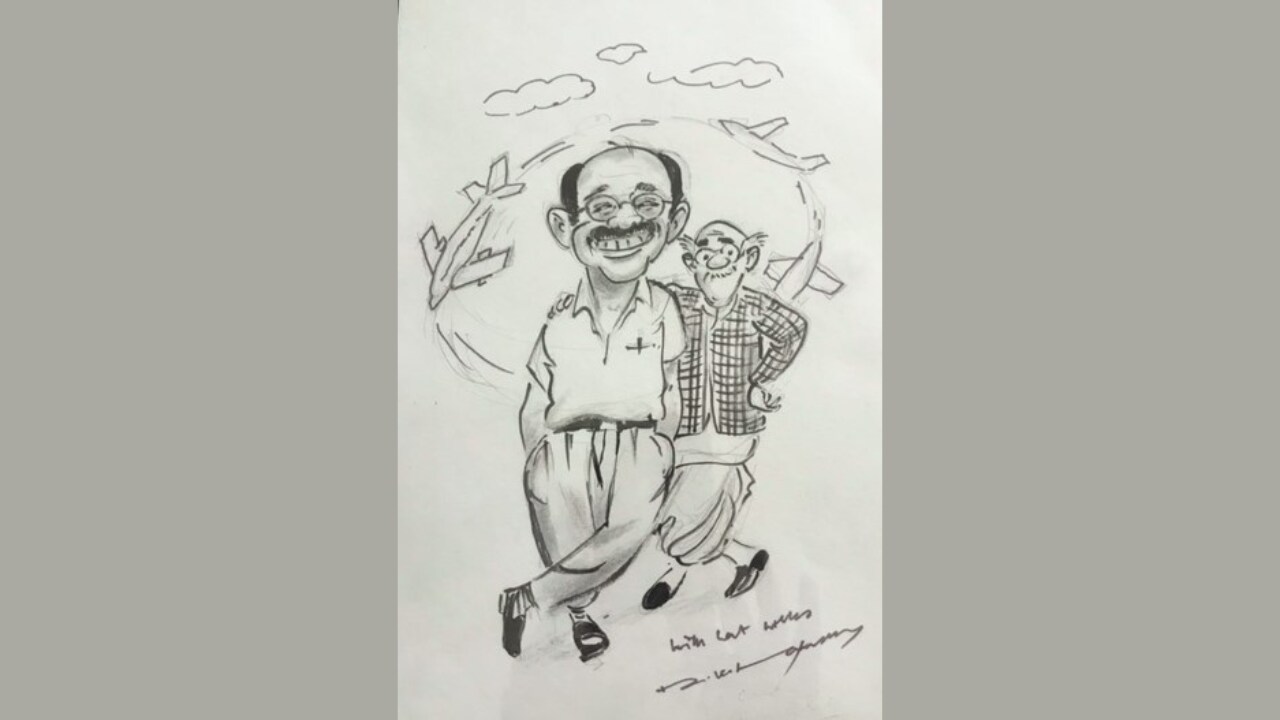 A sketch of Captain Gopinath and the Common Man by the late cartoonist RK Laxman. (Image courtesy: Captain Gopinath)